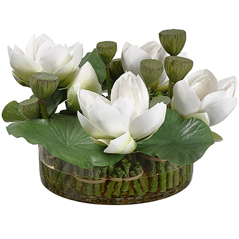 SilksAreForever 11"Hx19"W Silk Lotus Flower Arrangement W/Round Glass